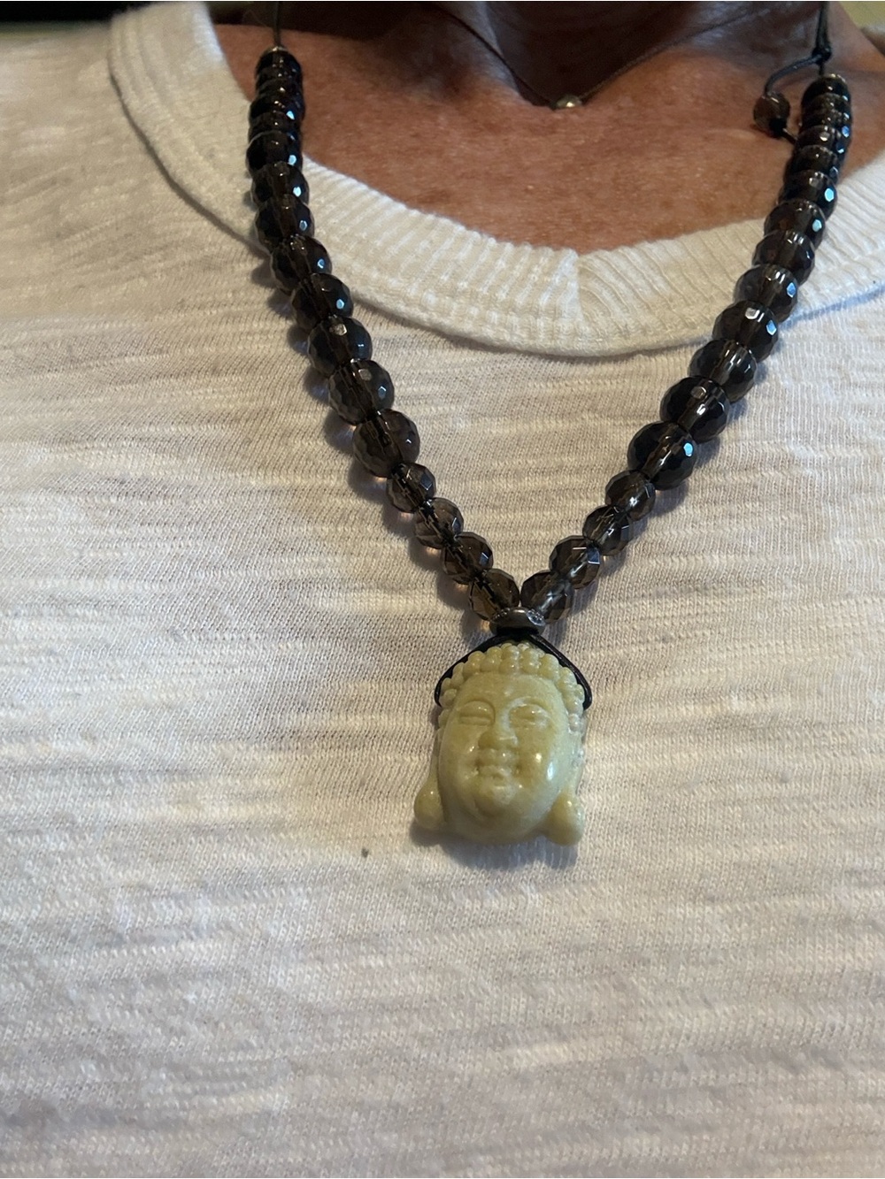 Buddha Pendant Necklace - Smokey Quartz Beads, Yellow/ Green Pendant- exquisit